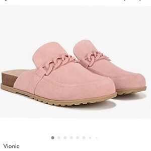 Vionic Georgie Suede Chain-Trim Mules Cork Comfort Clogs in Pink Blush Rose 7.5
